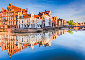Bruges, Belgium. Spiegelrei canal, sunrise water reflection in Brugge, West Flanders