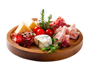 Delicious charcuterie platter with assorted meats and cheeses on a transparent background, cut out