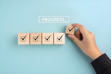 Minimalist Progress Bar Illustration with Wooden Blocks and Checkmarks on Pastel Background
