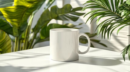 White mug with green plants sunlight table setting
