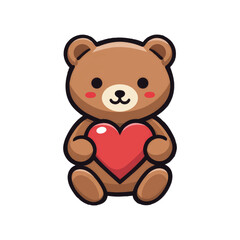 A cute brown teddy bear holding a heart, in a sticker-style, simple line art, vector illustration, flat color