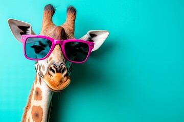 A giraffe wearing pink sunglasses on a blue background © Studio