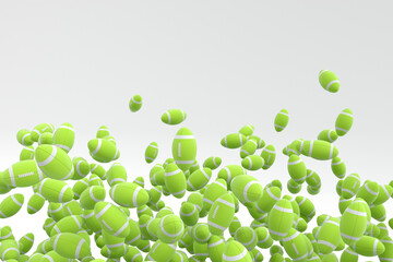 Many of flying green american football ball falling on white background
