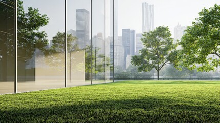 Obraz premium Serene Urban Landscape with Glass Building and Lush Green Park