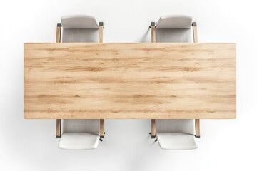 High-angle view of a light-wood rectangular table with four matching light-gray chairs