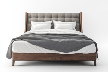 Modern, upholstered bed with wood frame