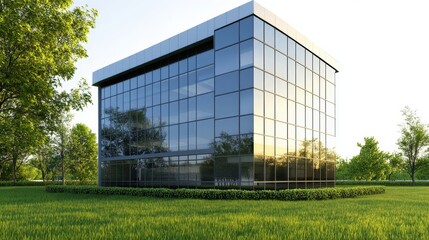 Modern Glass Building Surrounded by Lush Green Landscape