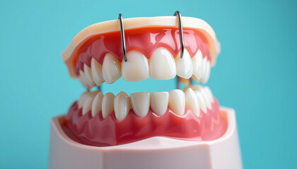 Obraz premium Dental model showcasing realistic teeth and gums, emphasizing dental education and oral health. This model is ideal for teaching and demonstration