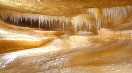 A subterranean cavern reveals glistening, amber-hued ice formations resembling frozen waterfalls and stalactites