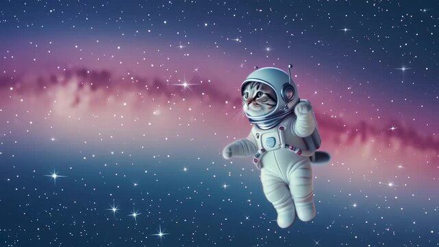 A cat in a tiny astronaut suit gently floating above a softly glowing galaxy with gradient colors