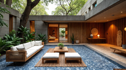 Fototapeta premium A patio with a pool and a wooden table