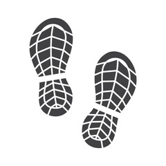 Vector illustration of two black shoe print icons with detailed tread patterns, symbolizing footprints, marking pathways, walking, or adventure concepts on a white background.