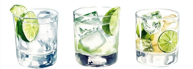 Three watercolor illustrations of gin and tonic cocktails