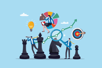 Plakat Strategy management, success planning or solution development, business improvement or growth analysis, intelligence insight information, business people help analyze strategy management chess pieces.