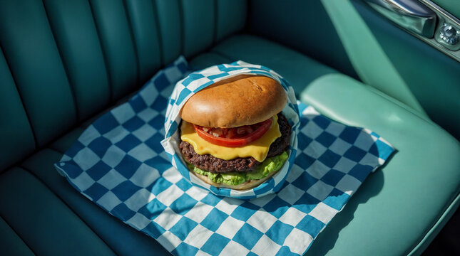 A hamburger is on a blue and white checkered napkin
