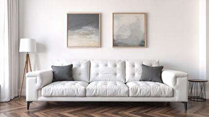 A white couch with two framed pictures on the wall