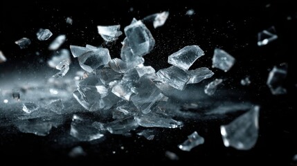 Obraz premium A close-up of broken glass flying in the air, on a black background.