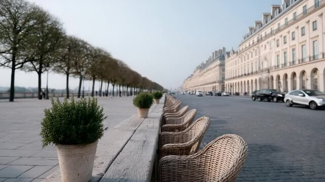 Elegant Parisian street with wicker chairs, perfect for springtime relaxation and urban exploration features neoclassical architecture