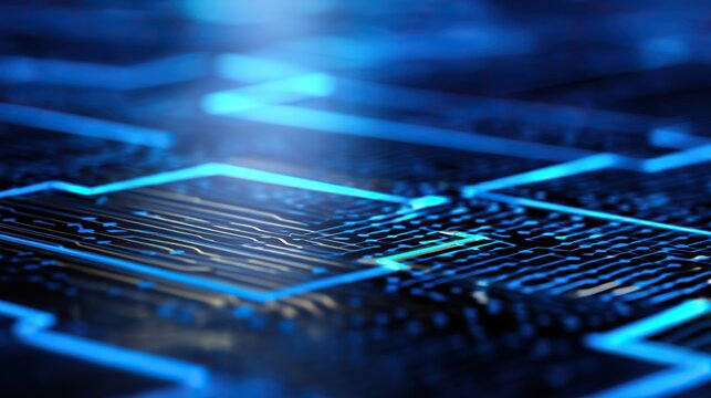 Abstract blue circuit design with glowing digital aesthetic, symbolizing futuristic technology and innovation.