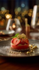 Hyperreal Food Photography of luxury dessert plating with golden accents, fine dining ambiance with cinematic depth and soft bokeh2