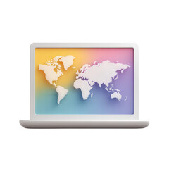 A white laptop displays a colorful screen featuring a world map.