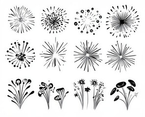This seamless collection showcases simple yet artistic black and white fireworks along with charming floral elements perfect for retro decor and creative projects
