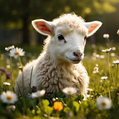 Fototapeta premium fluffy white lamb resting in a spring meadow filled with yellow dandelions, qurbani sheep field,