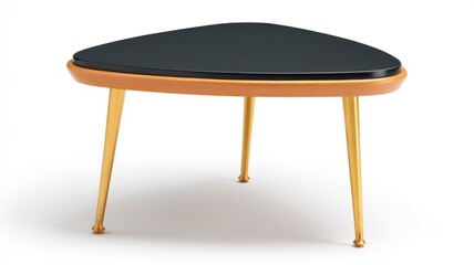 Fototapeta premium Modern triangular coffee table with a black top, wooden frame, and gold legs, set against a white background.