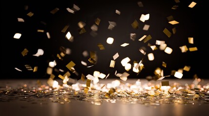 Golden confetti suspended in darkness, capturing the essence of celebration with dynamic energy