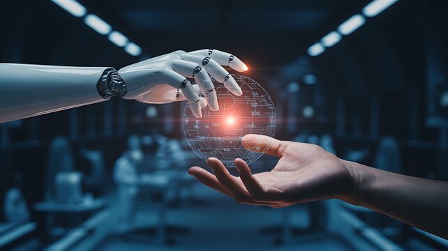 Human Hand and Robotic Arm Interacting with a Holographic Globe in a Futuristic Setting