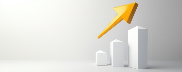 Minimalist 3D bar graph with a rising yellow arrow symbolizes growth, success, and positive business trends.