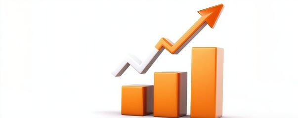 Orange bar graph with an upward arrow showing growth and progress on a white background.