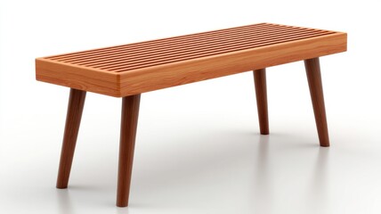 A modern wooden bench with a slatted top and angled legs, placed on a white background.