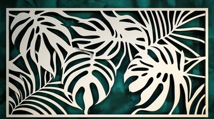 White tropical leaf cutout against a teal backdrop.  Intricate design, possibly wood or metal