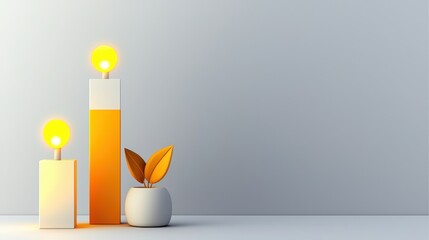 Minimalist scene with two modern lamps and a small potted plant against a plain light background.