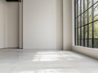 Modern empty interior space with large windows and natural light reflecting on the floor