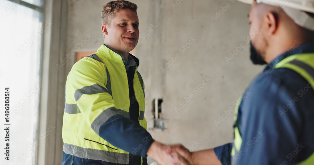 Poster man, construction worker and handshake for deal, renovation and smile with welcome at site. people, 