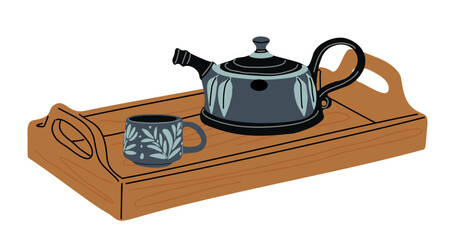 Wooden tray with ceramic teapot and mug. Cozy tea serving setup in flat style. Minimalist crockery illustration for kitchen, café, or home decor. Isolated on transparent background