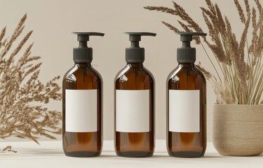 Glass bottle available in transparent, amber, or black, shown with a mockup of a blank white label