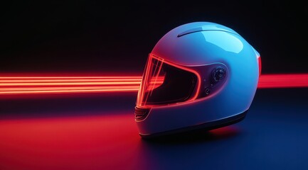 Sleek white racing helmet angled left, illuminated by vibrant red and blue neon light streaks against a dark background