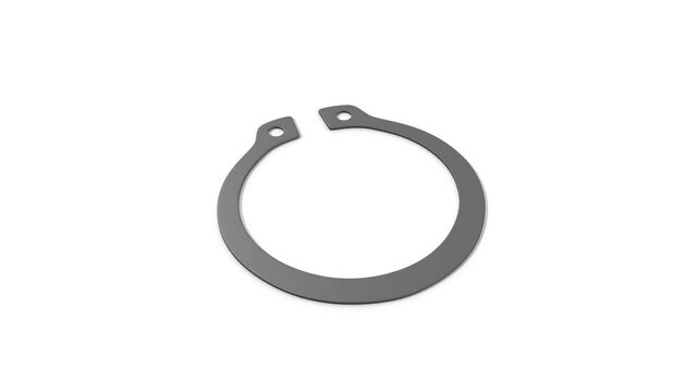 Retaining Ring on a White Floor. Snap Ring 3D Animation. Metal Circlip. 4K