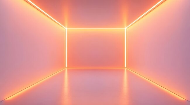 A minimalist cubic room, softly lit by warm, glowing orange neon lines along its edges, creating a reflective, futuristic atmosphere