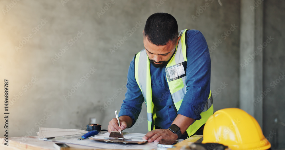Leinwandbilder man, construction worker and writing with clipboard, renovation and notes for safety report at site.