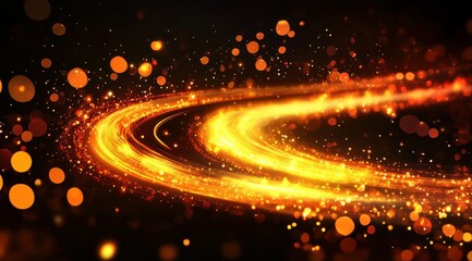 Two glowing orange trails curve around a dark background, speckled with bokeh