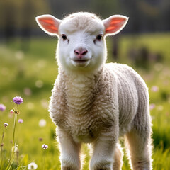 Obraz premium adorable lamb standing in spring meadow with yellow flowers, symbolizing qurbani for eid ul adha, islamic sacrifice animal in rural landscape with sunlight glow