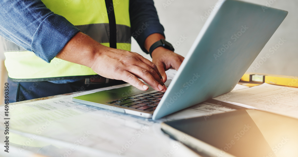 Poster man, laptop and hands with inspection for construction, blueprint and building renovation of develop