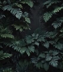 Luxurious dark foliage, intricate overlapping layers, exotic feel , tropical leaves, design, lush