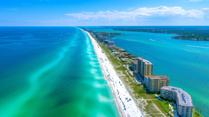 Obraz premium Turquoise waves meet white sand under sunlight, a serene tropical coastline blending sea and sky.