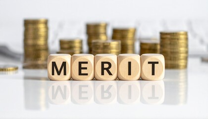 メリットを意味する英単語のMERITが書かれたキューブブロックと小銭の山。aiで生成