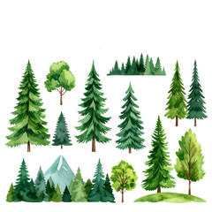 Obraz premium Illustration of a green forest and mountains with pine trees, snow and clear sky. 